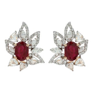 Big Floral Clip-On Studs Earring With Brilliant Ruby & Diamonds - 2 Pieces For Sale