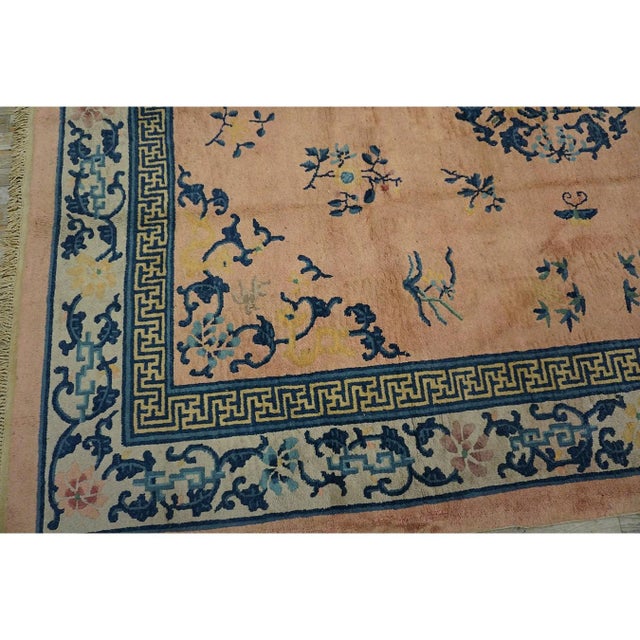1930s Pink Rose Medallion Oriental Antique Chinese Peking Knotted Rug 8' X 10' For Sale In New York - Image 6 of 8