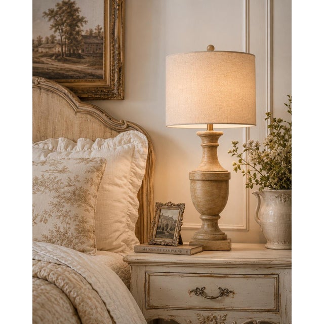 Contemporary Late 20th Century Belgian French Provincial Turned Urn Table Lamps With Linen Drum Shades - a Pair For Sale - Image 3 of 3