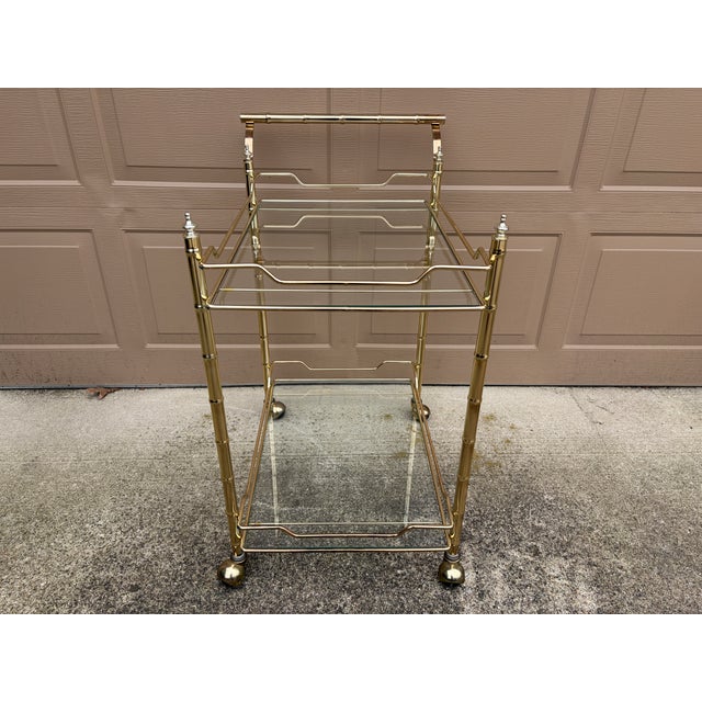 1960s Mid-Century Hollywood Regency Faux Bamboo Brass and Glass Bar Cart For Sale - Image 11 of 11