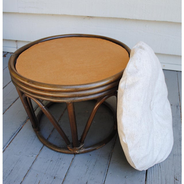 Mid 20th Century Vintage Bamboo Rattan Round Stool Ottoman With Cushion For Sale - Image 5 of 6
