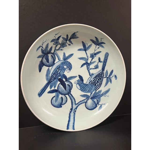 Chinese Late 20th Century Chinese Art Large Porcelain Blue and White Charger With Love Bird Design For Sale - Image 3 of 10