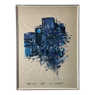 Mid-Century Roland Hockett “Rythm in Blues” Abstract Woodcut Print Signed and Numbered For Sale
