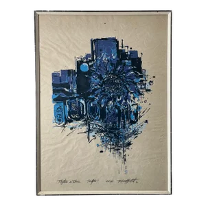 Mid-Century Roland Hockett “Rythm in Blues” Abstract Woodcut Print Signed and Numbered