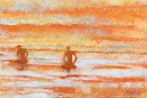 Shimmering Surf Heat - Contemporary Abstract Beach Scene Acrylic Painting by Kathleen Keifer