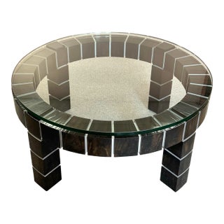 Vintage Postmodern Dark Wood Block and Glass Circular Coffee Table For Sale
