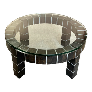 Vintage Postmodern Dark Wood Block and Glass Circular Coffee Table