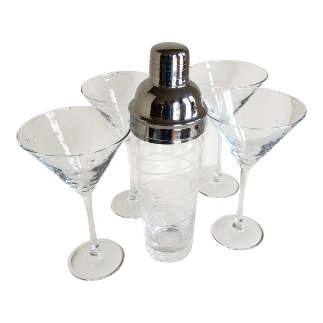 Spiral Etched Cocktail Shaker and 4 Hand Blown Martini GlassesSet of 5