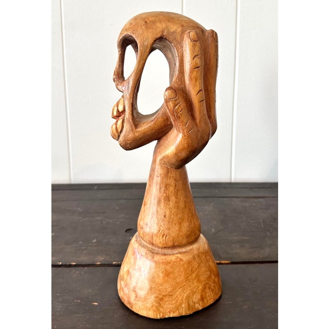 Late 20th Century Vintage Boho Hand Carved Wood Skull in Hand Sculpture For Sale In West Palm - Image 6 of 7