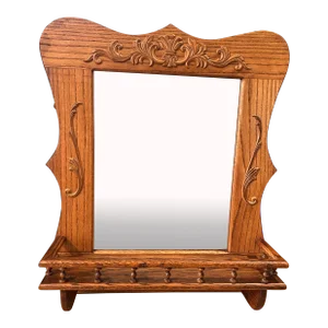 1950’s Solid Oak Framed Beveled Wall Mirror With Gallery Shelf and Carved Appliqué
