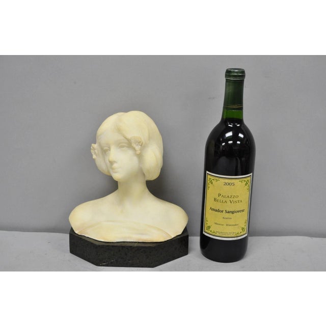 Antique Small Neoclassical Carved White Marble Bust of Woman's Head on Marble Base. Signed D.Z01. Circa Early 20th...