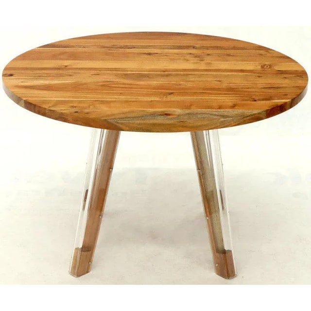 Round Solid Thick Oiled Teak Top Lucite Legs Dining Table For Sale - Image 13 of 13