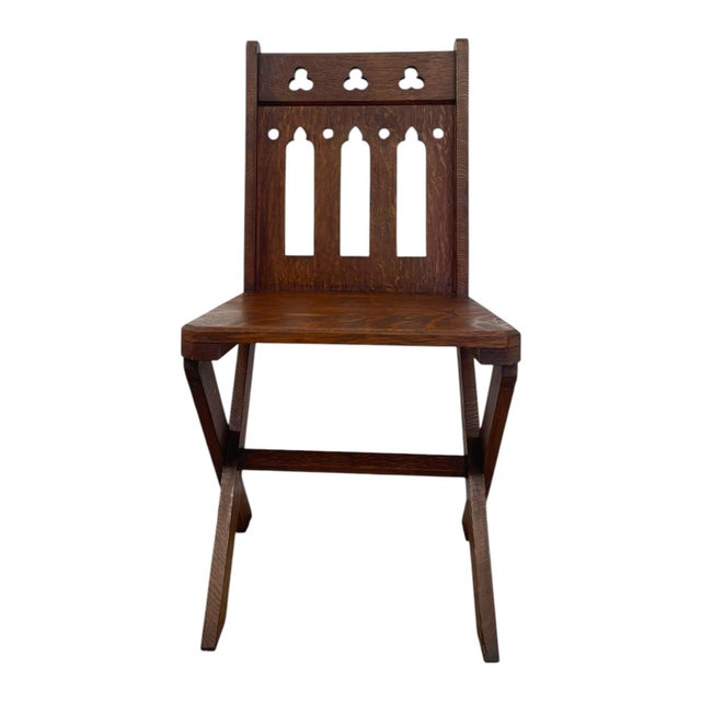 Antique Gothic Revival Oak X-Frame Accent Chair. For Sale In Seattle - Image 6 of 10