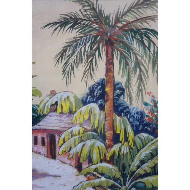 Green Late 20th Century Talbot Tropical Caribbean Garden Village Watercolor on Silk Painting 27" For Sale - Image 8 of 9