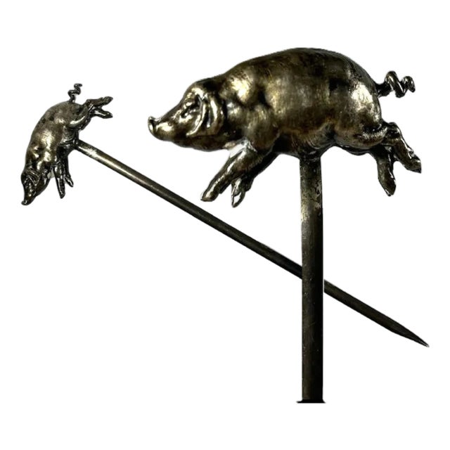 Antique French Silver Plate Pig Skewer: Figural Food Hatelet Skewer For Sale