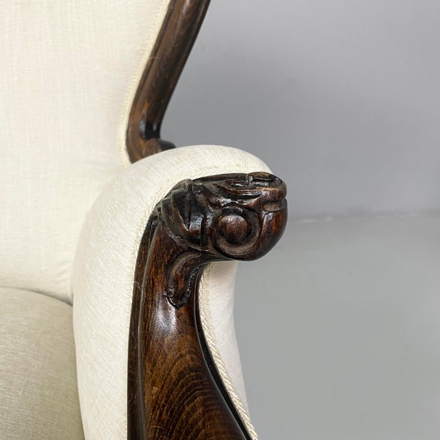 Brown Italian Luigi Filippo Style Armchairs in Wood and White Fabric, 1930s, Set of 2 For Sale - Image 8 of 18