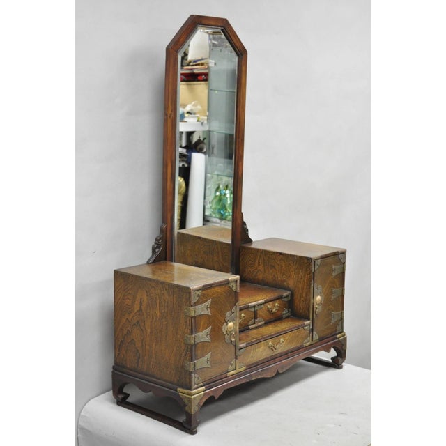 Antique Japanese Wood & Brass Small Low Kyodai Vanity Dressing Table With Mirror For Sale - Image 12 of 18