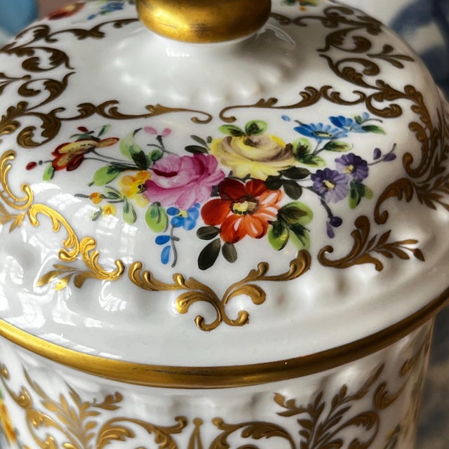 1960s Camille Le Tellac hand-painted jar with flowers and gilt accents // made in Paris // elegant French style decor // porcelain jar with lid For Sale - Image 9 of 18