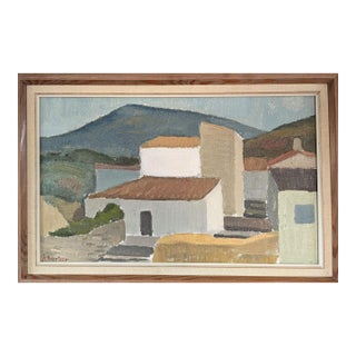Mid-Century Modern 'Terracotta Roofs' Swedish Vintage Original Landscape Oil Painting, Framed For Sale