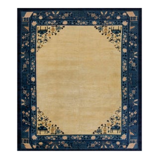 1920s Beige Minimalist Open Field Antique Chinese Peking Carpet 8' X 9'6'' Knotted Wool Rug For Sale