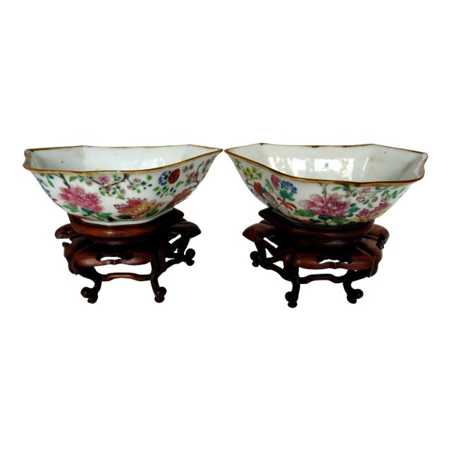 Antique Chinese Famille Rose Medallion Porcelain Bowls With Stands - a Pair For Sale