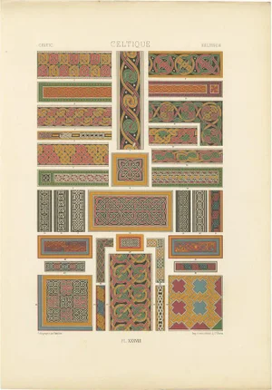 After Racinet, Celtic Knotwork and Borders Antique Print of Interlacing Patterns, 1869, Print