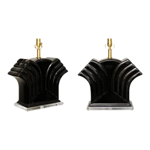 Pair of Vintage Art Deco Black Porcelain Lamps on Lucite