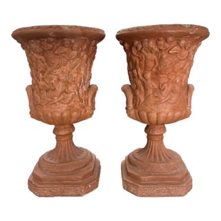 Mid Twentieth Century Neoclassical Italian Style Terracotta Footed Urns With Raised Relief of Classic Greek Scenery / Women, a Pair For Sale