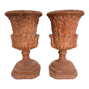 Mid Twentieth Century Neoclassical Italian Style Terracotta Footed Urns With Raised Relief of Classic Greek Scenery / Women, a Pair