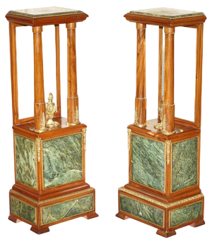 Vintage Gilt Bronze Pedestal Stands in Walnut Green Marble, 1920s, Set of 2