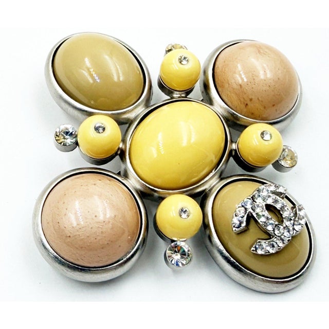 Chanel Chanel Silver CC Crystal Cream Yellow Peach Stone Cross Large Pendant Brooch For Sale - Image 4 of 5