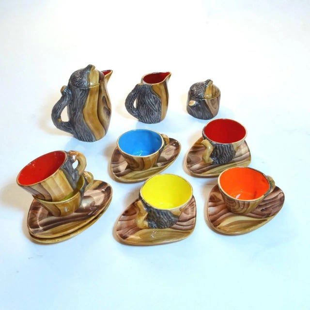 Blue Vintage Ceramic & Faux Wood Tea Set by Grandjean-Jourdan for Vallauris, Set of 9 For Sale - Image 8 of 11