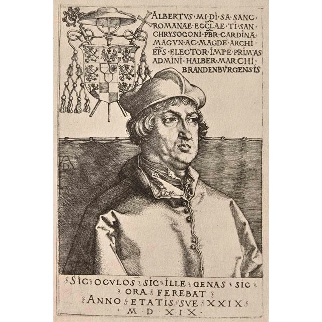 Portrait of Cardinal Albrecht of Brandenburgr is a Woodcut print on cream-colored paper. realized after Albrecht Durer, a...