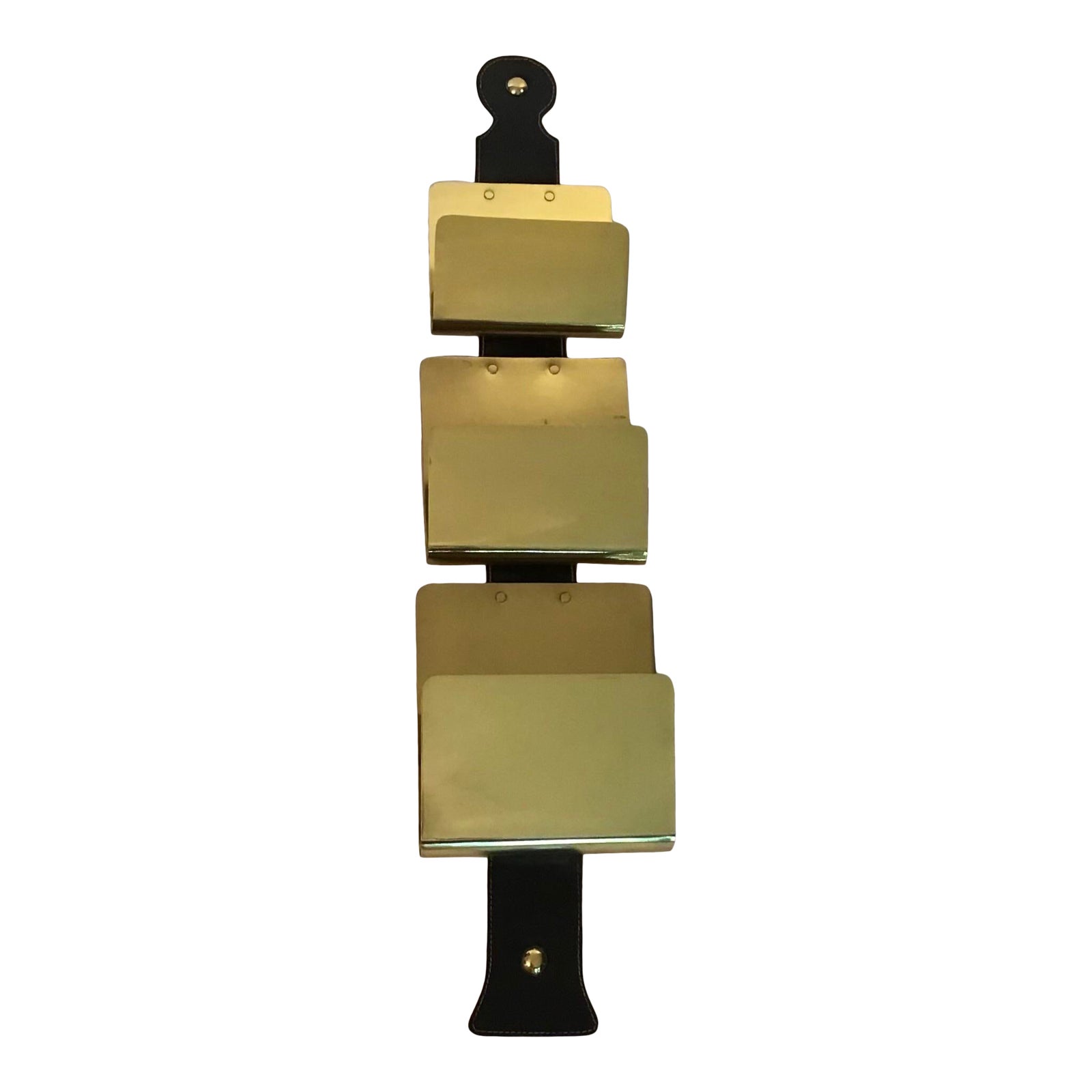 1960's Brass and Leather Magazine Rack Wall Mount Gold Brass Accents