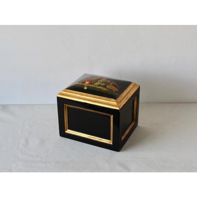 Gold Chinoiserie Lacquered Wood Gold Finish Lidded Box Fruit Still Life Decal Detail Vintage Mid Century For Sale - Image 8 of 11