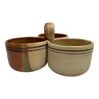 Vintage Handmade Pottery Three Bowl Serving Vessel For Sale