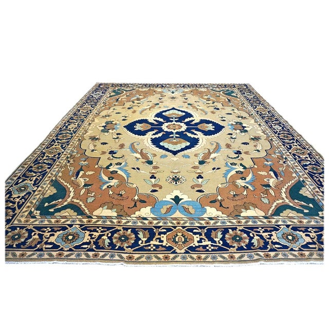21st Century Persian Heriz Wool 12x15 Tan & Navy Handmade Area Rug #9902016 For Sale - Image 4 of 10