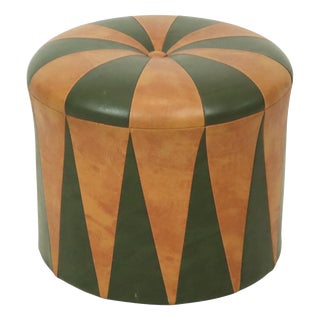 Vintage Round Pouf in Green and Brown Two-Tone Skai, 1960s For Sale