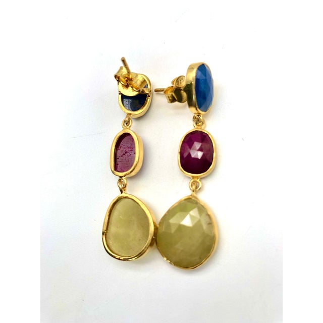 English Bochic "Capri" Ruby & Multi Rough Cut Sapphire Earrings Set In 18K Gold & Silver For Sale - Image 3 of 8