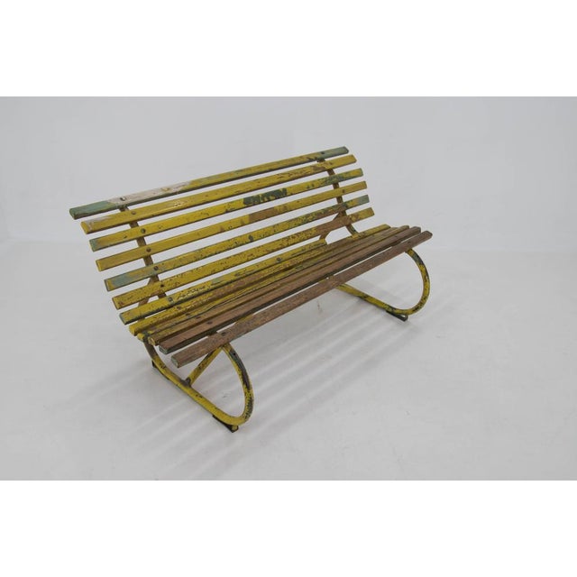Yellow Wood and Iron Bench, 1930s For Sale - Image 8 of 17