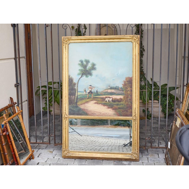 19th Century 19th Century English Gilt Trumeau Mirror with Hunting Scene Oil Painting For Sale - Image 5 of 12