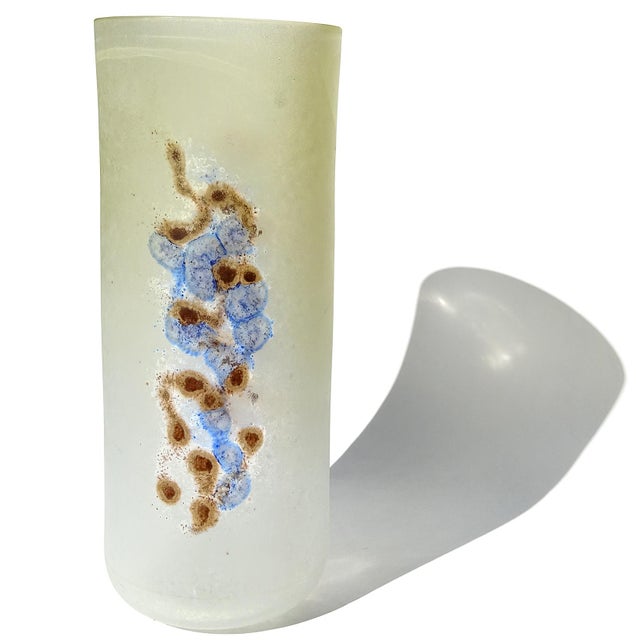 Beautiful large, and vintage, Murano hand blown white, blue and rust color "Scavo" design Italian art glass cylinder...