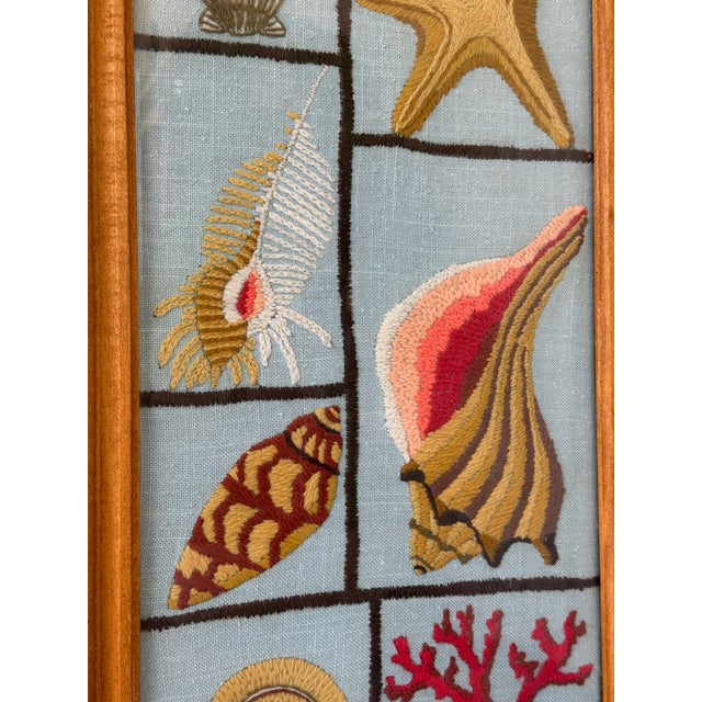 Wood Vintage Coastal Needlepoint Seashell Textile Art in Wood Frame For Sale - Image 7 of 11