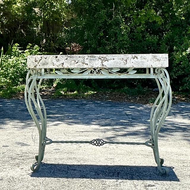 Rustic European Vintage Boho Wrought Iron and Coquina Stone Console Table For Sale - Image 3 of 8