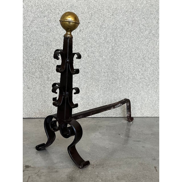 19th French Wrought Iron Firedogs or Andirons For Sale - Image 4 of 8