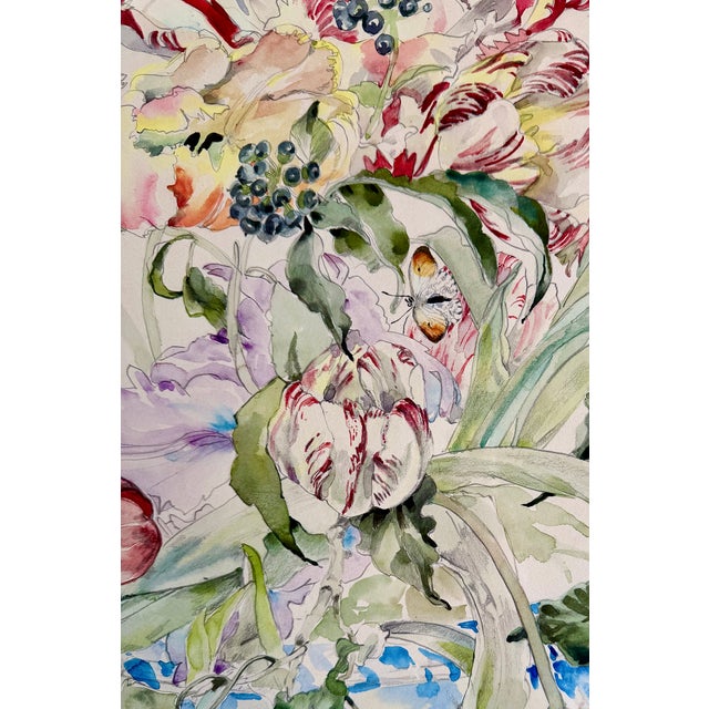Large Floral Still Life Watercolor Painting With Butterflies, 1989, Modern Frame For Sale - Image 12 of 18