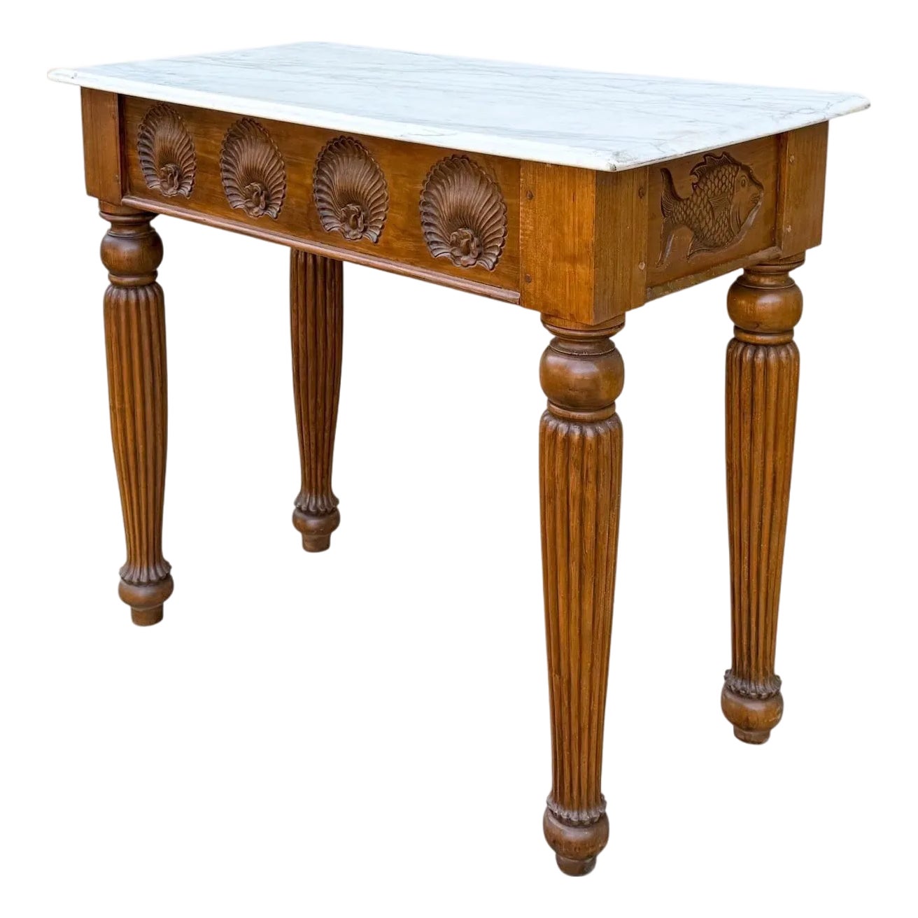 Folk Art Inspired Carved Walnut Fish & Shell Motif Console Table W ...
