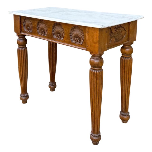 Folk Art Inspired Carved Walnut Fish & Shell Motif Console Table W/ Marble Top For Sale