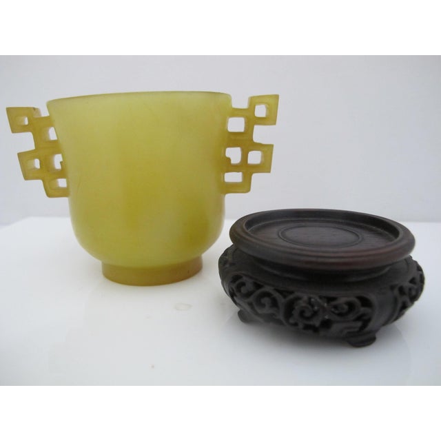 Chinese Archaistic Yellow Jade Twin Handled Libation Cup With Carved Wood Stand For Sale - Image 10 of 12