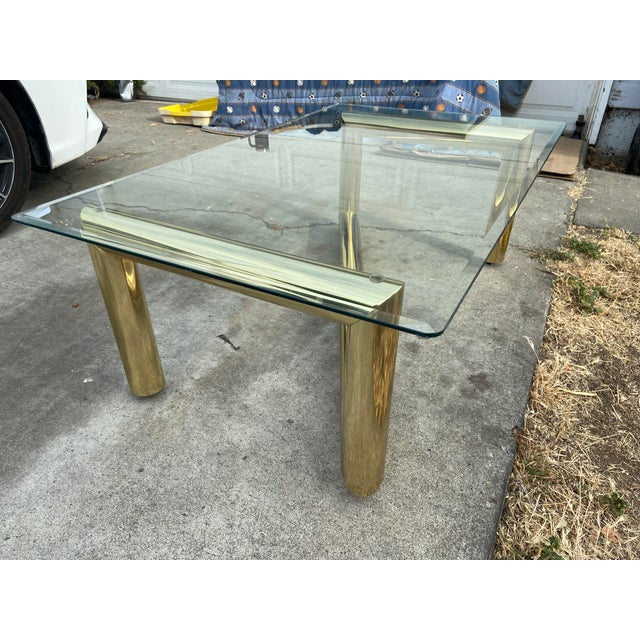 Metal 1970s Attributed to Karl Springer Hollywood Regency Style MCM Brass Tubular Coffee Glass Table For Sale - Image 7 of 18